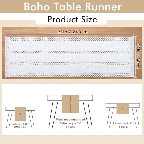 Macrame Table Runner Cream Beige Boho Table Runners with Tassels 12x95in - size: 12"Wx95"L