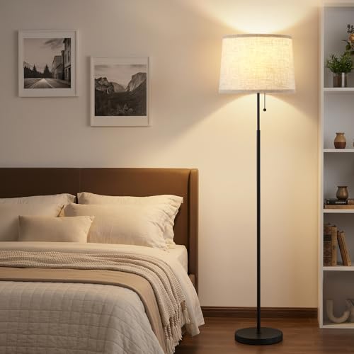 Floor Lamps for Living Room & Bedroom, 60" Modern Tall Standing Lamp, 3CCT - color: Linen T-Shades+Black Pole