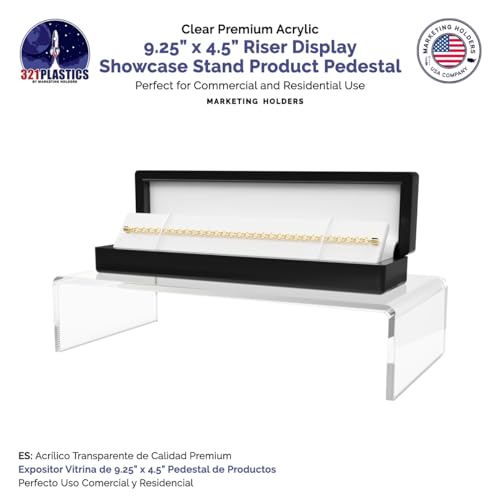 Marketing Holders 2 Pack Acrylic Riser Display Platform 9 Inch Wide by 4.5 Inch Deep Clear One Piece Lucite Retail Product Showcase Shelf Merchandising Platform Pedestal for Expos and Tradeshows - size: 9"W x 4.5"D x 2"H Riser