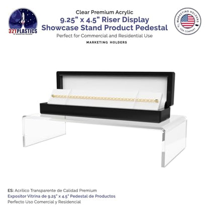 Marketing Holders 2 Pack Acrylic Riser Display Platform 9 Inch Wide by 4.5 Inch Deep Clear One Piece Lucite Retail Product Showcase Shelf Merchandising Platform Pedestal for Expos and Tradeshows - size: 9"W x 4.5"D x 2"H Riser