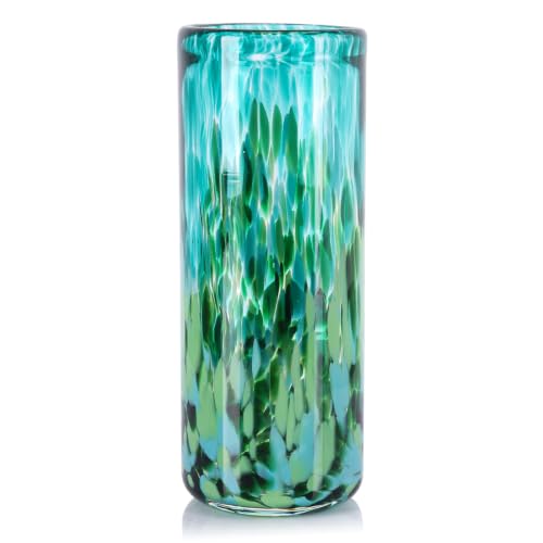 9.45in H Sea Glass Cylinder Vase Unique Hand Blown Glass Vase for Flower - color: Dark Green