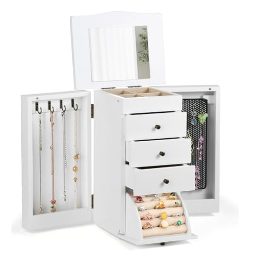 Meangood Jewelry Box Jewelry Organizer, 5-Layer Wooden Jewelry Organizers and Storage Boxes for Women Girls, Ring Earring Bracelet Necklace Holder Organizer with Mirror & Drawers (White) - color: White, size: 3-Drawer