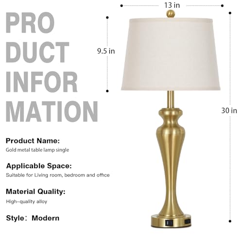 30 Inch Gold Single Table Lamp, 3-Way Dimmable Touch Control Bedside Lamps with USB A+C Ports and AC Outlet, Metal Brass Bedroom Lamps for Night stand, Modern Tall Lamp for Living room end table - color: Gold-1PK