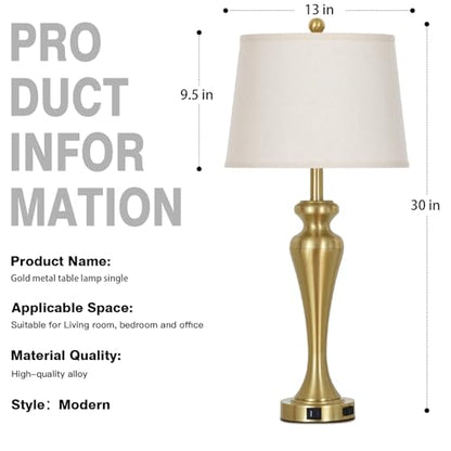 30 Inch Gold Single Table Lamp, 3-Way Dimmable Touch Control Bedside Lamps with USB A+C Ports and AC Outlet, Metal Brass Bedroom Lamps for Night stand, Modern Tall Lamp for Living room end table - color: Gold-1PK