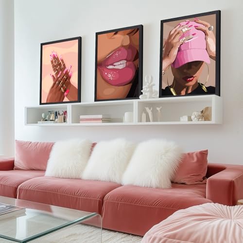 Hianan Wood Framed Fashion Pink Black Girl Wall Art Set of 3, 16x24 in - color: Pink(Wood), size: 24"L x 16"W