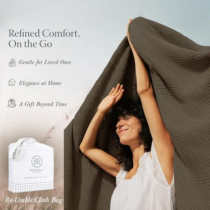 Threadmill Luxury 100% Cotton Twin Herringbone Blanket, Espresso - color: Espresso, size: Twin (68" x 92")
