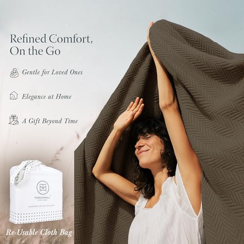 Threadmill Luxury 100% Cotton Twin Herringbone Blanket, Espresso - color: Espresso, size: Twin (68" x 92")