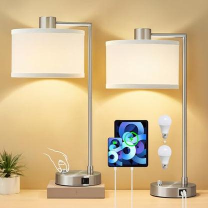 Silver Table Lamp Set of 2, Dimmable Bedside Lamps for Night Stand, USB A+C - color: Silver