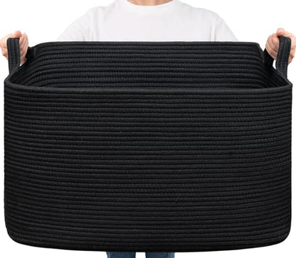 Goodpick 85L Large Woven Rope Blanket Basket, Rectangle, Black - color: Black, size: X-Large(23.6"L x 15.7"W x 13.8"H)