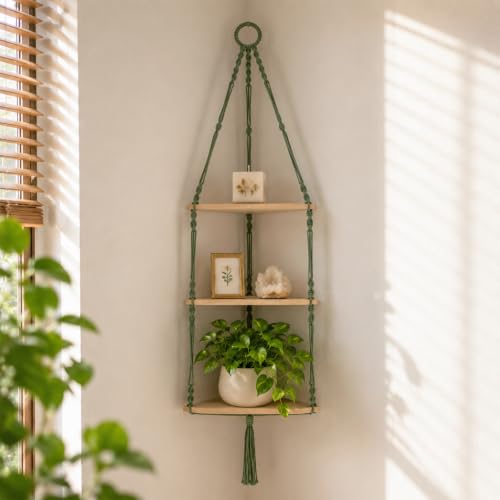 Artilady Corner Shelf Macrame Wall Hanging, Adjust Boho Storage Art, 3 Tier - color: Macrame Green 3