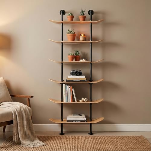 Industrial Pipe Bookcase, 6 Tier Shelf, Natural Wood Stain Finish - size: 6 Tier Shelf