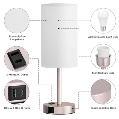 17.4" Antique White Lamp for Bedroom - Dimmable Touch, USB A+C, AC Outlet - color: White - Antique White, size: 17.4"