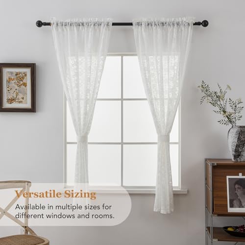 PearAge Lace Sheer White Curtains for Living Room, 63 Inch Length, Elegant Lace-Style Voile Drapes for Bedroom, Kitchen or Dining Room, 42W x 63L Inch, 2 Panels White - color: White