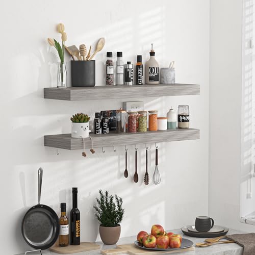 Floating Shelves - 24 Inch Rustic Wooden Wall Shelves - Extra Deeper & Thicker Wall Mounted Storage Shelf for Living Room, Kitchen, Farmhouse - 24" W x 9" D x 1.6"H - Rustic Grey, 2 Pack - color: Grey, size: 23.6"L x 9.3"D
