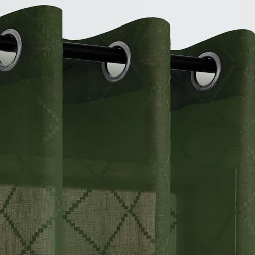 KOUFALL Olive Green Curtains with Diamond Plaid, Sheer Dark Moody Curtains for Bedroom Living Room, Wide 52 x 63 Inch Length, 2 Panels Set - color: Olive Green, size: 52"W x 63"L (Pack of 2)
