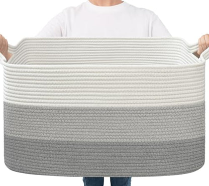 Goodpick Large Woven Rope Blanket Basket, Rectangle, Light Gray - color: Light Grey, size: Large(21.6"L x 14.9"W x 11.8"H)