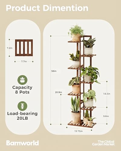 Bamworld Bamboo Plant Stand Indoor 7 Tiered Plant Shelf, Tea Brown 55 Inch - color: Natural 7 Tiered