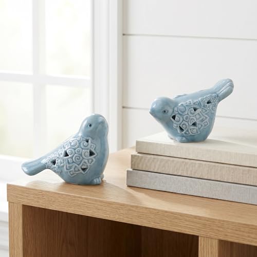 2 Pcs Blue Ceramic Bird Figurines, Glazed Bird Statues for Shelf Decor