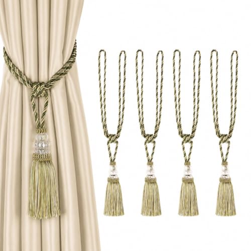 BEL AVENIR 4 Pack Curtain Tiebacks Hand-Woven Holdbacks Tassels Tiebacks - color: Mix Green, size: 4 Pack