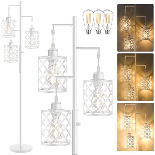 68" Modern Tree Floor Lamp, Dimmable Minimalist Tall Standing Lamp with Metal Cages & Rotary Dimmer Knob, Corner Decor Lighting for Living Room Bedroom Cafe, 3 x 800LM Bulbs Included -White - color: White (800LM), size: 68"