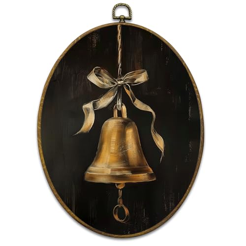 Mcehtle Vintage Christmas Wall Art Decor, Dark Moody Christmas Golden Bell Framed Canvas Prints 8.6x11.4, Rustic Cozy Xmas Oval Wall Hanging Artwork Decorations for Home Bedroom Living Room - color: Colour 03