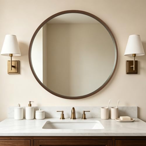 WallBeyond 36 Inch Round Wood Mirror, Large Circle Wooden Frame Wall Mirror for Bathroom, Living Room, Bedroom, Entryway (Walnut) - color: Walnut, size: 36"L x 36"W