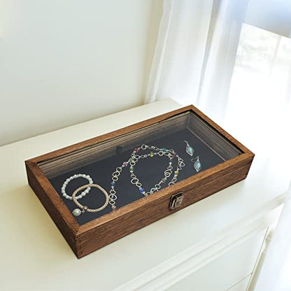 MOOCA Wood Jewelry Display Case with Tempered Glass Top, Velvet Pad - color: 9A) Brown, 2.75 Inch High
