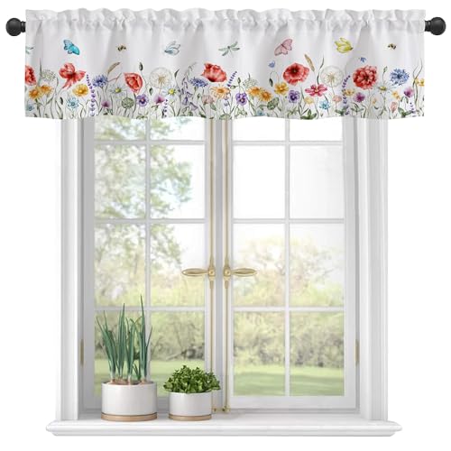 Valances Curtains for Windows, Watercolor Wildflowers and Butterfly Insect Semi Sheer Curtain Valances,Rod Pocket Short Window Treatment Light Filtering Decor Valances for Kitchen Living Room -42"x12" - color: Butterfly Flowers, size: 12"W x 42"L (Pack of