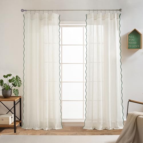 DriftAway Semi Sheer Scalloped Edge Linen Coastal Beach Window Curtains for Living Room Bedroom 2 Panels Rod Pocket Each Size 52 Inch by 84 Inch Loden Green - color: Linen Loden Green, size: 52"W x 84"L (Pack of 2)
