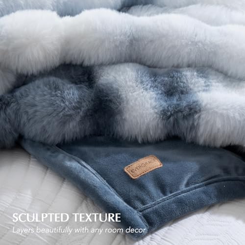 EverGrace Faux Rabbit Fur Bubble Throw Blanket, 60"x80", Cloud Blue - color: Marble Cloud Blue, size: 60"x80"