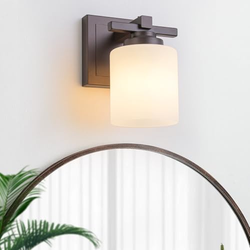 Modern Bathroom Light Fixtures Over Mirror, Vanity Lights for Bathroom Wall Sconces with Milky White Glass Shades, E26 Socket (Bulbs Not Included), 1 Light, Oil Rubbed Bronze - color: Oil-Rubbed Bronze, size: 4.72 inch-1-Light