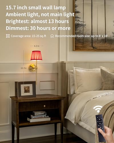 KDG Gold Cordless Wall Sconces Set of 2, Red Fabric LED Wall Lamps - color: Gold + Red Lampshde (2 Pack)