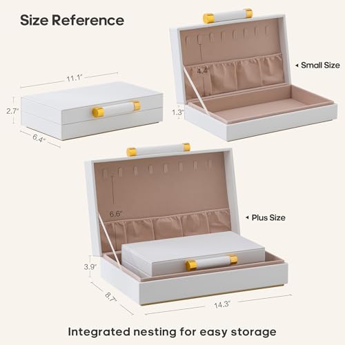Decorative Storage Boxes with Lids for Home Decor Set of 2 - Large White PU Leather Memory Box for Keepsakes, 8 Necklace Hooks & Elastic Pocket, Floating Base with Gold Handles, Photo & Modern Jewelry
