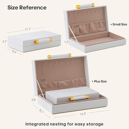 Decorative Storage Boxes with Lids for Home Decor Set of 2 - Large White PU Leather Memory Box for Keepsakes, 8 Necklace Hooks & Elastic Pocket, Floating Base with Gold Handles, Photo & Modern Jewelry