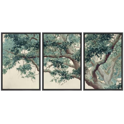 wall26 Framed Canvas Print Wall Art Set Old Oak Tree Vintage Nature Tree Illustrations Fine Art Decorative for Living Room, Bedroom, Office - 16"x24"x3 BLACK - color: A18-2608-YUK13, size: 16" x 24" x 3 Panels BLACK