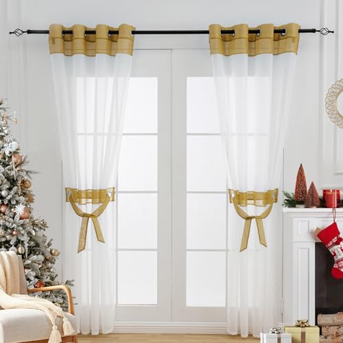 L.Z.E White and Gold Sheer Curtains 96 Inches Long 2 Panels Set,Transparent See Through Curtains for Living Room Bedroom with Tiebacks Grommet Top Curtain & Drapes (56" W x 96" L Gold) - color: Gold, size: 56"W x 96"L (Pack of 2)