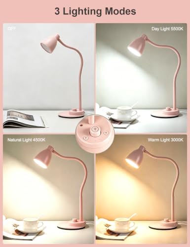 BOHON Cute Desk Lamp with USB Charging Port, 3 Color Modes Dimmable, Pink - color: Pink