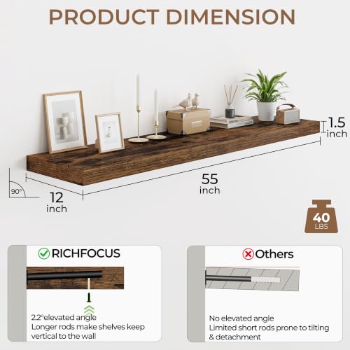 RICHFOCUS Long Floating Shelves for Wall 2Pack|Rustic Brown|55" Lx12 D - color: Rustic Brown, size: 55"L x 11.6"D, Set of 2