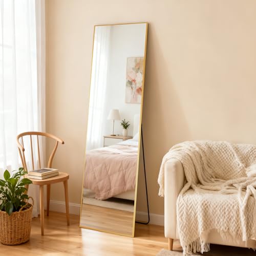 64"x21" Full Length Mirror with Stand, Gold Metal Frame Floor Mirror, Hanging, Standing or Leaning Against Wall, Tempered Full Body Mirrors for Room Decor, Living Room, Bedroom - color: Rectangular-gold, size: 64"L x 21"W