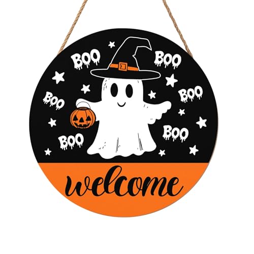 Halloween Door Decorations Cute Halloween Ghost Wreath Welcome Hey Boo Wood Hanger 12x12 Inch Farmhouse Holiday Wall Hanging Decorations for Home Porch Indoor Outdoor Party Supplies - color: Cute Halloween Ghost