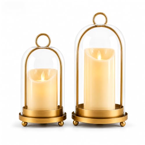 Hurricane Glass Candle Holders, 5"&4" Gold Candle lantern Holders (Include Led Pillar Candles) Hurricane Candle Holder for Adding Vintage Elegance to Home Decor Dining Tables Mantels