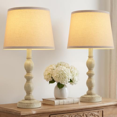 Table Lamps Set of 2, 20.5" Rustic Farmhouse Bedside Lamps with Linen Shade - color: Creamy White