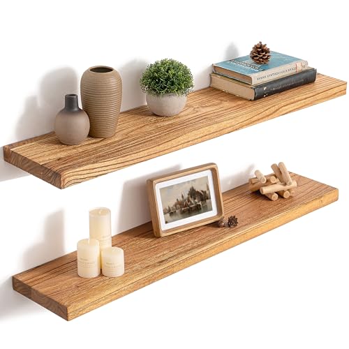 RICHFOCUS 36inch Natural Floating Shelves for Wall, 8" Deep High End Solid Real Wood Wall Shelves for Bathroom, Rustic Wooden Floating Shelves with Invisible Brackets for Books Storage Decor, Set of 2 - color: Natural, size: 36inch