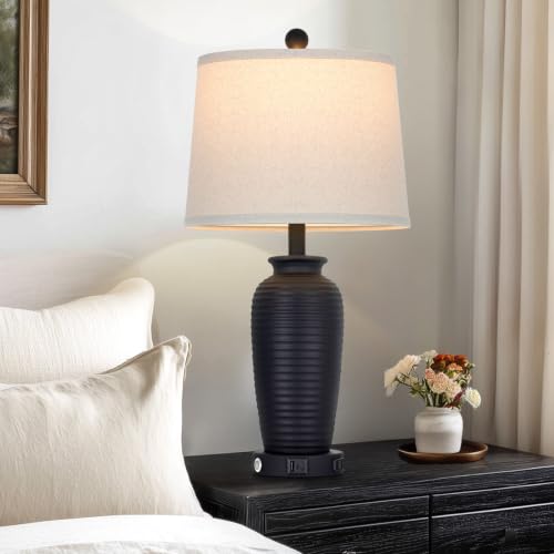 CINSARY 25" Retro Black Farmhouse Jar Table Lamps, 3 Way Touch Control Rustic Bedside Lamps with USB A+C Ports & AC Outlet, Pot Nightstand Lamps for Bedroom Living Room (LED Bulbs Included) - color: Retro Black-1Pack