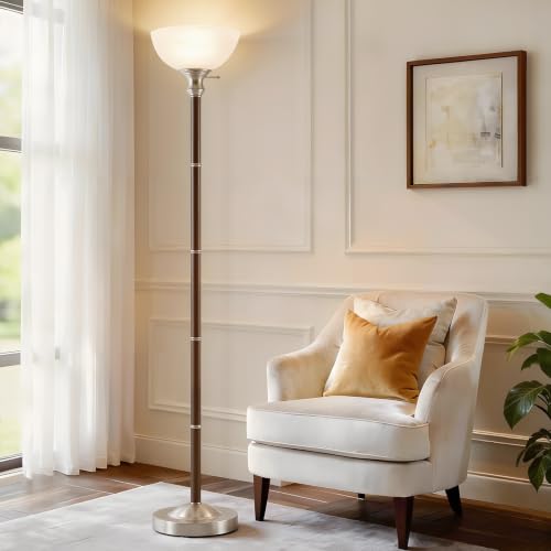 EJIAXIN 72" Wood Torchiere Floor Lamp with Glass Shade Walnut Standing Lamp - color: Walnut