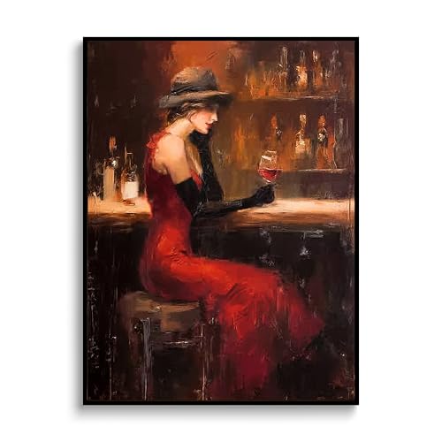 BZBIUI Vintage Framed Canvas Wall Art, Woman in Red Dress at Bar, 12 x 16 - color: Fashionable Girl, size: 16"L x 12"W
