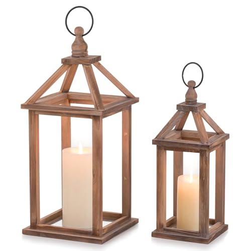 Romadedi Wood Candle Lantern Decorative, Brown, Rustic Decor Set of 2
