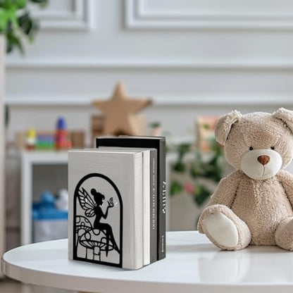 Peacoblue 5.3"x3.5"x7.8" Metal Bookends, Heavy Duty Book Ends for Shelves - color: Fairy and Mushroom