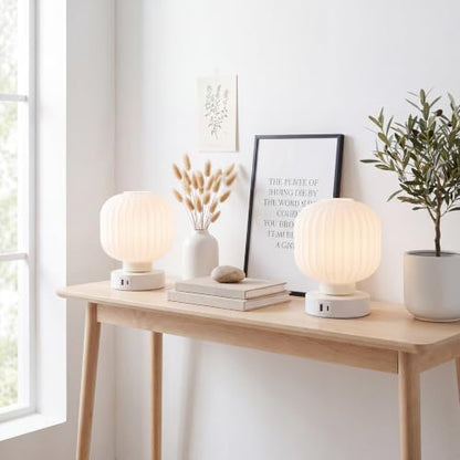Elenhome Touch Bedside Glass Table Lamp Set of 2 with 3 Way Dimmable Light, Small Table Lamps with USB C+A Charging Ports - Bedroom Nightstand & Living Room Essential, Bulb Included - color: White_2pack