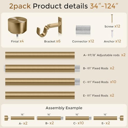 2 Pack Heavy Duty Antique Brass Curtain Rod, 36-120 Inch Warm Gold - color: Warm Gold, size: 36''-120'' (2 Pack)
